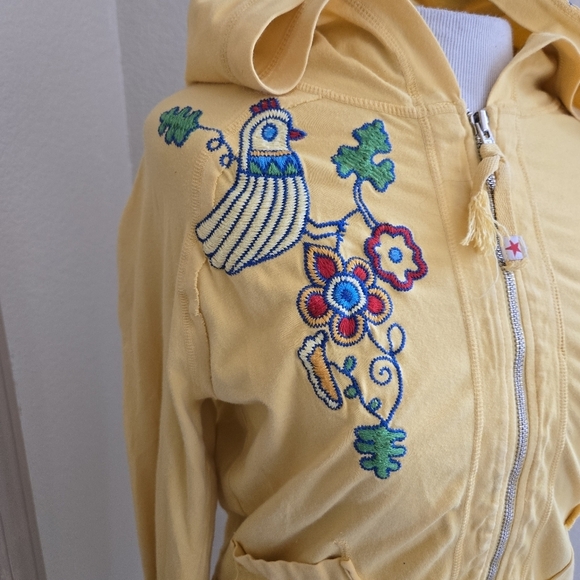 Johnny Was Papillon Bird Butterfly Embroidered Yellow Zip Up Hoodie S Rare - Picture 3 of 13